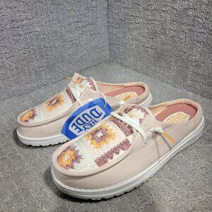 Hey Dude Wendy Slip Women's Size 7 US Pale Pink /Multi Cottage Crochet Mule